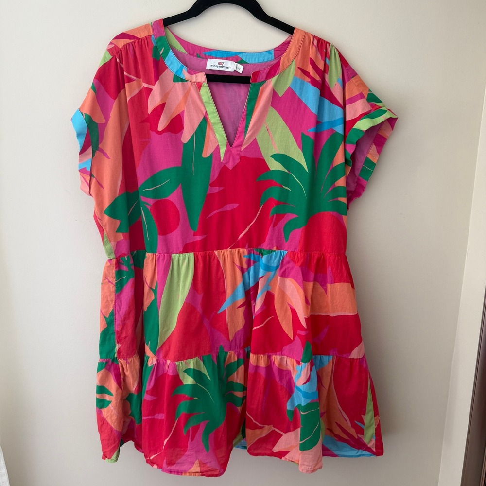 Vineyard Vines Pink Tropical Leaf Tiered Cotton Mini Dress XL Short Sl